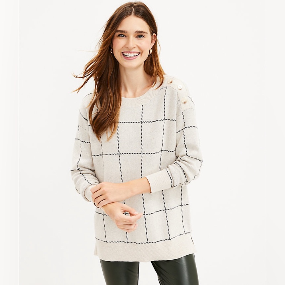 Loft Windowpane Shoulder Button Tunic Sweater - L